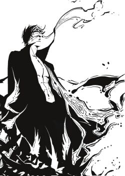 1boy akatsuki_uniform bandage_over_one_eye bird coat commentary corrupted_twitter_file crow greyscale highres male_focus momoyoru1 monochrome naruto_(series) naruto_shippuuden navel open_clothes open_coat pectorals short_hair simple_background solo standing uchiha_shisui white_background