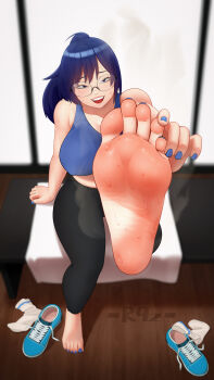 1girl absurdres barefoot blue_eyes blue_hair feet glasses highres leggings light_blush long_hair looking_at_viewer open_mouth ponytail r9z shoes smell socks soles sports_bra steam sweat toes unworn_shoes unworn_socks white_socks