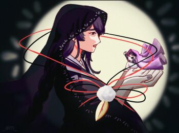 1boy 1girl aimchka alternate_costume arms_up black_veil blunt_bangs blurry blurry_background braid bridal_gauntlets commentary english_commentary eyeliner feather_necklace floating from_side genshin_impact highres holding holding_mini_person japanese_clothes jewelry kimono long_braid long_hair long_sleeves looking_at_another looking_down looking_up makeup mini_person miniboy mole mole_under_eye mother_and_son necklace pants parted_lips purple_eyes purple_hair purple_kimono purple_nails purple_veil raiden_shogun reaching reaching_towards_another red_eyeliner red_lips robe scaramouche_(genshin_impact) scaramouche_(kabukimono)_(genshin_impact) see-through_clothes see-through_veil shade short_hair short_sleeves single_braid size_difference spotlight veil