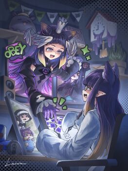 5girls animal_ears black_dress blunt_bangs cat_ears coat crown drawing_tablet dress feathered_wings glasses head_wings highres hololive hololive_english lab_coat laznia long_hair looking_at_another monitor multiple_girls multiple_persona ninomae_ina'nis ninomae_ina'nis_(new_year) official_alternate_costume open_mouth pointy_ears purple_eyes purple_hair stylus tako_takover_(ninomae_ina'nis) takodachi_(ninomae_ina'nis) tentacle_hair through_medium through_screen virtual_youtuber white_coat white_wings wings