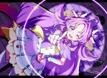 1girl ahoge akechi_anna blue_eyes blush bow brick_wall brooch capelet commentary_request contrapposto cowboy_shot cure_answer double_bun dress dutch_angle earrings fingerless_gloves gloves gold_buttons gradient_hair hair_bun hair_flaps hair_intakes hair_ornament heart heart_brooch heart_in_eye highres impossible_hair index_finger_raised jewelry kyoutsuugengo layered_dress letterboxed light_particles long_hair looking_at_viewer magical_girl meitantei_precure! multicolored_hair one_eye_closed open_mouth outstretched_arm partial_commentary pleated_dress precure purple_bow purple_capelet purple_dress purple_hair purple_theme smile solo spotlight standing symbol_in_eye teeth thighhighs upper_teeth_only very_long_hair watermark white_gloves white_thighhighs wing_hair_ornament