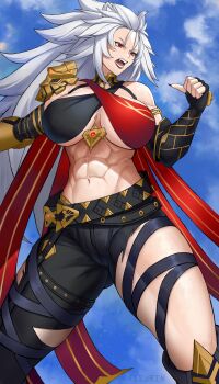 1girl abs absurdres aisurin1st animal_ears black_gloves black_lips black_nails black_pants blue_sky breasts cleavage cloud commentary cosplay dehya_(genshin_impact) dehya_(genshin_impact)_(cosplay) elbow_gloves english_commentary fingerless_gloves genshin_impact gloves grey_hair highres indie_virtual_youtuber large_breasts long_hair looking_at_viewer muscular muscular_female nail_polish open_mouth pants sky solo virtual_youtuber wolf_ears wolf_girl yellow_eyes zentreya zentreya_(werewolf)