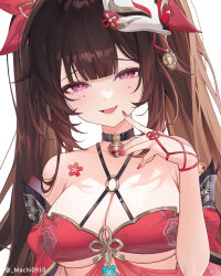 Rule 34 | 1girl, adapted costume, armpit crease, bare shoulders, bell, blunt bangs, bow, breasts, brown hair, circle facial mark, cleavage, commentary, detached sleeves, dress, english commentary, flower tattoo, fox mask, hair bow, highres, honkai: star rail, honkai (series), large breasts, looking at viewer, machi (7769), mask, mask on head, multiple hair bows, nail polish, neck bell, red bow, red dress, red eyes, red nails, red sleeves, shoulder tattoo, sidelocks, simple background, smug, solo, sparkle (honkai: star rail), tattoo, twintails, twitter username, unfinished, upper body, white background