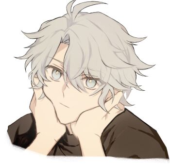 1boy 1other :/ antenna_hair black_shirt blue_eyes closed_mouth hands_on_another&#039;s_face highres honkai:_star_rail honkai_(series) looking_at_viewer male_focus out_of_frame parted_hair phainon_(honkai:_star_rail) shirt simple_background solo_focus the-mirror-of-mind3021 white_background white_hair