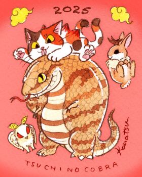 :3 animal animal_focus antlers bakeneko bug calico_(pattern) calico_cat cat cobra_(animal) commentary_request cryptid highres horns insect jackalope konatsu_tunacan moth mothman multiple_tails negora nekomata no_humans original rabbit red_background simple_background snake tail traditional_media traditional_youkai tsuchinoko two_tails