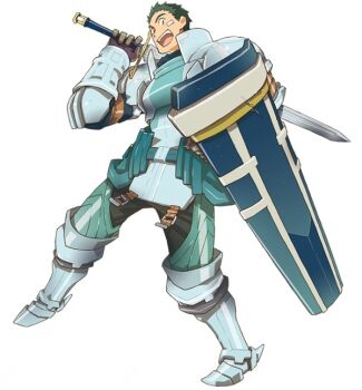 Rule 34 | 10s, 1boy, armor, armored boots, boots, brown gloves, full armor, gloves, green hair, hara kazuhiro, holding, holding shield, holding sword, holding weapon, log horizon, male focus, naotsugu (log horizon), official art, open mouth, shield, short hair, shoulder armor, simple background, solo, pauldrons, sword, very short hair, weapon, white background