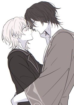 2boys adam&#039;s_apple arm_up aventurine_(honkai:_star_rail) blush cnzmee commentary_request dr._ratio_(honkai:_star_rail) eye_contact from_side greyscale hand_on_another&#039;s_face highres honkai:_star_rail honkai_(series) lapels long_sleeves looking_at_another male_focus monochrome multiple_boys parted_bangs simple_background upper_body white_background yaoi