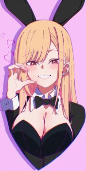 1girl absurdres animal_ears black_leotard blonde_hair blush breasts cleavage earrings fake_animal_ears ganetto29 heart highres jewelry kitagawa_marin large_breasts leotard playboy_bunny purple_eyes rabbit_ears red_eyes simple_background solo sono_bisque_doll_wa_koi_wo_suru upper_body