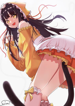 1girl :d absurdres alternate_costume alternate_hairstyle animal animal_ear_headwear animal_ears animal_on_head apron asakura_karen_(heaven_burns_red) black_hair blunt_bangs blurry blush bow bow_legwear cat cat_ears cat_on_head cat_tail claw_pose commentary depth_of_field dress dutch_angle enmaided fake_animal_ears feet_out_of_frame floating_hair frilled_apron frilled_dress frilled_hat frilled_sleeves frilled_socks frills from_behind from_below hair_down hand_on_own_knee hand_up happy hat hat_ribbon heaven_burns_red highres kneehighs kneepits leaning_forward long_hair long_sleeves looking_at_viewer looking_back maid maid_apron off-shoulder_dress off_shoulder on_head open_mouth orange_dress orange_hat orange_ribbon ribbon simple_background smile socks solo standing suimei_(ramebi3) tail thighs unconventional_maid white_apron white_background white_socks yellow_bow yellow_eyes
