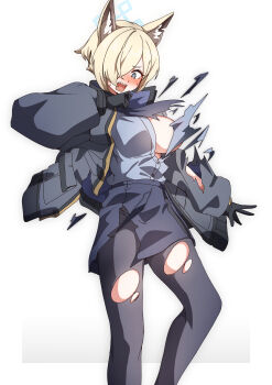 1girl absurdres animal_ear_fluff animal_ears black_gloves blonde_hair blue_archive blush breasts buttons gloves grey_eyes grey_jacket grey_shirt hair_over_one_eye highres jacket kanna_(blue_archive) open_clothes open_jacket open_mouth pantyhose shirt short_hair skirt solo sweat teeth to_(tototo_tk) torn_clothes torn_pantyhose torn_shirt torn_skirt upper_teeth_only