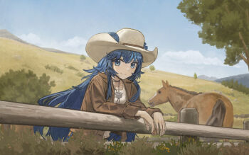 1girl against_railing alternate_costume bear_necklace blue_eyes blue_hair brown_jacket cowboy_hat dotr_art fence field fujikura_uruka hair_between_eyes hashtag-only_commentary hat highres horse jacket jewelry leaning_forward leather leather_jacket long_hair long_sidelocks looking_at_viewer mountainous_horizon necklace outdoors phase_connect railing shirt sidelocks smile upper_body very_long_hair white_shirt wooden_fence