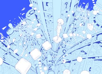 absurdres blue_sky blue_theme building cloud floating hebitsukai highres incredibly_absurdres monochrome monster original pants shirt shoes short_sleeves sky solo spacecraft standing white_hair white_pants white_shirt white_shoes wide_shot