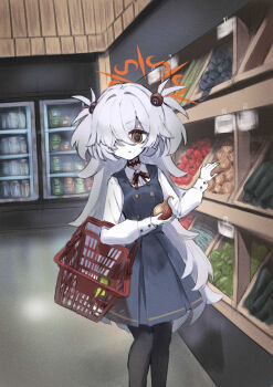 1girl aisle black_pantyhose blue_archive blue_dress brown_eyes brown_ribbon choker collared_shirt commentary_request diagonal-striped_ribbon dress eyeball_hair_ornament food grey_hair groceries hair_ornament hair_over_one_eye halo highres holding holding_food holding_vegetable indoors kanoe_(blue_archive) long_hair long_sleeves onion orange_halo pantyhose pinafore_dress protectload ribbon shelf shirt shopping shopping_basket sleeveless sleeveless_dress solo supermarket two_side_up vegetable very_long_hair white_shirt