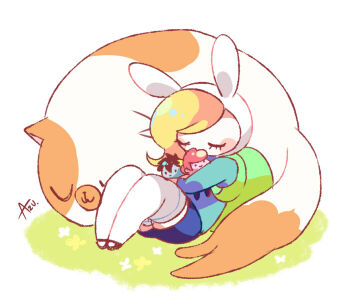 2boys 2girls :3 adventure_time animal_ears animal_hood azu_(kirara310) backpack bag black_hair blonde_hair cake_the_cat calico_(pattern) calico_cat cat chibification colored_skin cradling fionna_campbell genderswap genderswap_(ftm) genderswap_(mtf) grey_skin hood legs_together marshall_lee multiple_boys multiple_girls pink_hair pink_skin prince_gumball rabbit_hood shirt signature simple_background sitting sleeping smile thighhighs