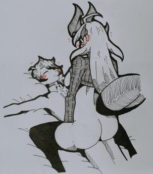 1boy 1girl absurdres arknights artist_self-insert bed_sheet blush breasts closed_eyes doctor_(arknights) highres horns long_hair lying male_doctor_(arknights) medium_breasts naked_sweater reed_(arknights) sitting sitting_on_person spot_color ssalmon4bon sweater tail traditional_media