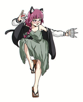 Rule 34 | 1girl, alcohol carton, animal ear fluff, animal ears, black jacket, black nails, black tail, blazblue, blunt bangs, blush, bocchi the rock!, bow, braid, brass knuckles, breasts, cat ears, cat girl, cat tail, chromatic aberration, cleavage, dress, drink carton, drinking straw, fang, fighting game, fingernails, full body, geta, glasses, green bow, green dress, hair bow, hair over shoulder, hiroi kikuri, holding, holding carton, holding weapon, jacket, kemonomimi mode, kokonoe (blazblue), leg up, long hair, long sleeves, low-braided long hair, low-tied long hair, medium dress, multicolored jacket, nail polish, nose blush, off shoulder, open mouth, pink eyes, pink hair, round eyewear, simple background, solo, spiked brass knuckles, tail, toenail polish, toenails, torako (toramaru), twitter username, two-tone jacket, v-shaped eyebrows, watermark, weapon, white background, white jacket