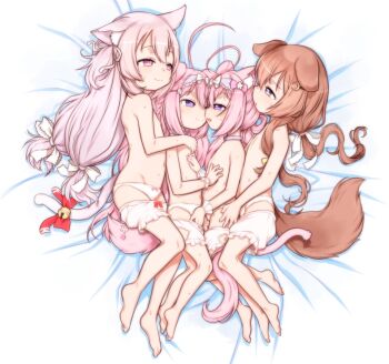 animal_ear_fluff animal_ears azur_lane barefoot bell bloomers brown_hair cat_ears cat_girl cat_tail commentary_request commission dog_ears dog_girl dog_tail dual_persona face-to-face fumizuki_(azur_lane) indie_virtual_youtuber jingle_bell kisaragi_(azur_lane) kodomo_doushi legs loli long_hair low_twintails lying multiple_girls on_side panties pink_eyes pink_hair ribbon skeb_commission tail tail_ornament tail_ribbon teruki_kuma twintails underwear underwear_only usaki_nono white_bloomers white_panties yuri