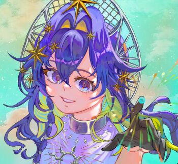 1girl absurdres aqua_background black_gloves blonde_hair blue_eyes blue_hair colored_inner_hair dress gloves grin hair_intakes hair_ornament hand_up highres kokoshnik long_hair looking_at_viewer multicolored_hair official_alternate_costume portrait reverse:1999 smile solo star_(symbol) star_hair_ornament syun_(ashenaurora) teeth voyager_(choir_of_the_stars)_(reverse:1999) voyager_(reverse:1999) white_dress