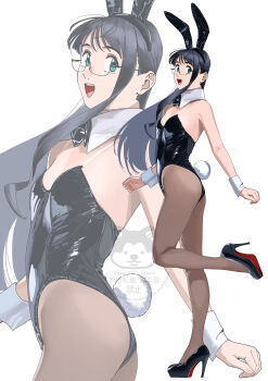 1girl absurdres animal_ear_hairband animal_ears ass black_bow black_bowtie black_hair black_leotard black_pantyhose bow bowtie cowboy_shot detached_collar fake_animal_ears full_body glasses green_eyes hairband highres kantai_collection leotard long_hair ojipon ooyodo_(kancolle) pantyhose playboy_bunny rabbit_ears rabbit_tail see-through_strap smile solo standing standing_on_one_leg strapless strapless_leotard tail wrist_cuffs zoom_layer