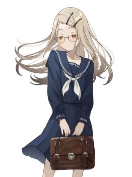1girl absurdres bag blonde_hair blue_sailor_collar blue_serafuku blue_shirt blush brown_bag closed_mouth collarbone colored_eyelashes commentary_request cowboy_shot floating_hair gakuen_idolmaster glasses gradient_hair grey_hair hair_ornament hairclip highres holding holding_bag idolmaster long_hair long_sleeves looking_down multicolored_hair neckerchief oonouni orange_eyes parallel_hairclips parted_bangs sailor_collar school_bag school_uniform semi-rimless_eyewear serafuku shinosawa_hiro shirt simple_background solo standing under-rim_eyewear v_arms white_background white_neckerchief wind wristband