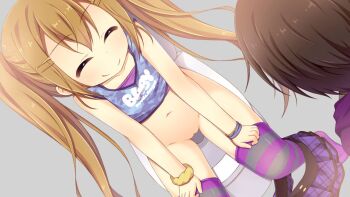 1boy 1girl ^_^ aoi_aruma blue_tank_top blush breasts brown_hair camisole cleft_of_venus closed_eyes closed_mouth clothes_pull collarbone cowboy_shot from_above game_cg grey_background hair_between_eyes hair_ornament hairclip hood hoodie izuno_shiun_(jissai_no_tokoro) jissai_no_tokoro kodomo_doushi kurenai_yuuya_(jissai_no_tokoro) loli long_hair navel on_toilet panties plaid_clothes plaid_skirt pleated_skirt purple_camisole purple_hoodie purple_skirt pussy scrunchie short_hair simple_background sitting skirt skirt_pull smile striped_clothes striped_thighhighs tank_top thighhighs toilet toilet_seat toilet_use tsurime underwear variant_set yellow_scrunchie