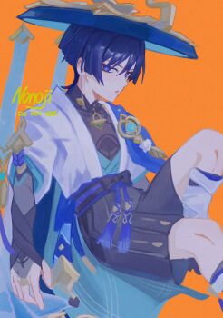 Rule 34 | 1boy, anemo symbol (genshin impact), armor, arms at sides, artist name, belt, black belt, black bodysuit, black bow, black hair, black shorts, blue cape, blue gem, blue hat, blue kimono, blue sleeves, blunt ends, bodysuit, bow, bridal gauntlets, bright pupils, cape, choppy bangs, covered collarbone, eyeliner, feathers, gem, genshin impact, gold, gold ring, grey bridal gauntlets, hakama, hakama shorts, hashtag-only commentary, hat, highres, japanese armor, japanese clothes, jingasa, juban, kimono, knee up, kote, kurokote, layered sleeves, leg warmers, looking at viewer, makeup, male focus, mandarin collar, middle ring, nonoji (nonoji ekaki), open clothes, open kimono, open mouth, pleated shorts, pom pom (clothes), purple eyes, purple rope, purple sash, red eyeliner, rope, sash, scaramouche (genshin impact), short sleeves, shorts, shoulder peek, sideways mouth, solo, tassel, tsurime, wanderer (genshin impact), white kimono, white leg warmers, white pupils, white sleeves, yellow background, yellow feathers