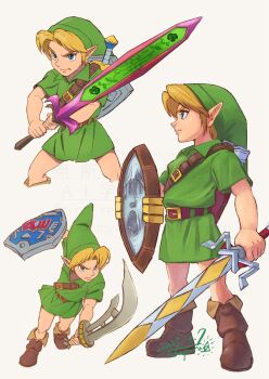 1boy attack belt belt_buckle blonde_hair blue_eyes brown_belt brown_shoes buckle closed_mouth curtained_hair dated fighting_stance fold-over_boots full_body furrowed_brow gilded_sword_(majora&#039;s_mask) great_fairy&#039;s_sword green_hat green_tunic hat highres holding holding_shield holding_sword holding_weapon hylian_shield kokiri_sword link looking_ahead male_focus mirror_shield multiple_views nintendo parted_bangs pointy_ears profile purple_belt razor_sword serious shield shield_on_back shoes short_sleeves shoulder_belt signature simple_background solo standing swinging_weapon sword sword_on_back takapon-o-ji the_legend_of_zelda the_legend_of_zelda:_majora&#039;s_mask tunic two-handed unsheathed watermark weapon weapon_on_back young_link