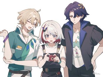 1girl 2boys aged_down ahoge aqua_shirt armlet aventurine_(honkai:_star_rail) black_jacket black_overalls black_pants blonde_hair blue_eyes blue_hair blush braid camera casual closed_eyes colored_inner_hair cowboy_shot diamond-shaped_pupils diamond_(shape) dr._ratio_(honkai:_star_rail) gold_necklace hair_ornament hand_on_own_hip hashtag-only_commentary highres holding holding_camera honkai:_star_rail honkai_(series) jacket jewelry laurel_crown looking_at_another minamiyori multicolored_hair multiple_boys necklace numby_(honkai:_star_rail) open_clothes open_jacket open_mouth overalls pants parted_bangs print_shirt red_eyes red_hair shirt short_hair short_sleeves simple_background smile streaked_hair symbol-shaped_pupils t-shirt topaz_(honkai:_star_rail) trotter_(honkai:_star_rail) two-tone_shirt white_background white_hair white_shirt