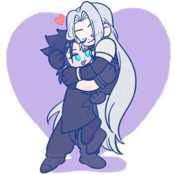 Rule 34 | 105zz, 2boys, :3, armor, black boots, black coat, black hair, black pants, blue eyes, boots, border, brown boots, closed eyes, coat, commentary request, final fantasy, final fantasy vii, grey hair, hand in another's hair, hand on another's shoulder, light blush, long coat, long hair, male focus, medium hair, multiple boys, open mouth, pants, parted bangs, pauldrons, purple background, sephiroth, shoulder armor, smile, standing, white border, yaoi, zack fair