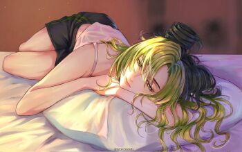 1girl artist_name bare_shoulders black_hair black_shorts blurry blurry_background camisole closed_mouth commentary double_bun english_commentary full_body green_eyes green_hair hair_between_eyes hair_bun half-closed_eyes hashtag-only_commentary henoopd highres indoors jojo_no_kimyou_na_bouken kuujou_jolyne light_particles lips long_hair looking_to_the_side lying multicolored_hair on_bed on_pillow on_side shorts sidelocks solo stone_ocean sunlight two-tone_hair white_camisole