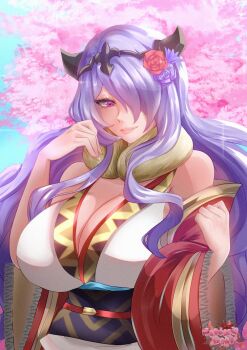 1girl alussfon breasts camilla_(fire_emblem) camilla_(holiday_traveler)_(fire_emblem) cherry_blossoms cleavage fire_emblem fire_emblem_fates fire_emblem_heroes flower fur_trim hair_flower hair_ornament hair_over_one_eye japanese_clothes kimono large_breasts long_hair looking_at_viewer nintendo official_alternate_costume one_eye_covered purple_eyes purple_hair solo tiara wavy_hair yukata