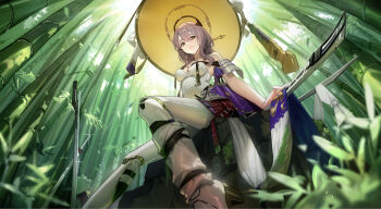 1girl bamboo bamboo_forest forest from_above goddess_of_victory:_nikke grey_hair hat highres hokushuu jingasa large_hat nature plant scarlet_(nikke) sheath smile solo sword weapon