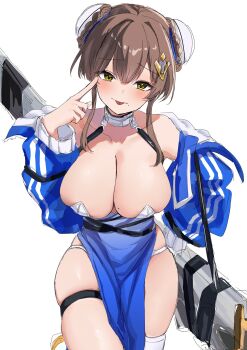 1girl arm_up bare_shoulders black_choker blue_dress blue_jacket blush braid braided_bun breasts brown_hair bun_cover chaos_zero_nightmare choker cleavage commentary_request cropped_jacket curvy double_bun dress eyeliner gradient_clothes gradient_dress hair_bun hair_ornament highres huge_weapon jacket large_breasts looking_at_viewer makeup mole mole_on_breast mole_under_mouth mrn4453 off_shoulder one_eye_closed open_clothes open_jacket open_mouth panty_straps pelvic_curtain piercing red_eyeliner short_hair_with_long_locks single_thighhigh skindentation smile solo strapless strapless_dress sword thigh_strap thighhighs thighs weapon yellow_eyes yuki_(chaos_zero_nightmare)