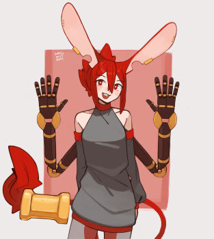 Rule 34 | 1girl, animal ears, blush, bright pupils, clothing cutout, collarbone, commentary, cowboy shot, dated, ear tag, eyelashes, fiya (kart prowler), grey shirt, hair between eyes, highres, kart prowler, long sleeves, mechanical arms, mouse ears, mouse girl, mouse tail, open mouth, original, red eyes, red hair, shirt, short hair, shoulder cutout, sidelocks, signature, smile, solo, tail, teeth, upper teeth only, white pupils