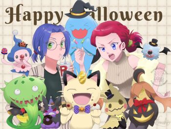 1boy 1girl angry blue_eyes blue_hair carnivine closed_eyes gen_1_pokemon gen_2_pokemon gen_4_pokemon gen_5_pokemon gen_6_pokemon gen_7_pokemon gen_8_pokemon glasses gourgeist green_eyes hair_bun halloween happy harukichi_01 hat highres james_(pokemon) jessie_(pokemon) looking_at_viewer meowth mime_jr. mimikyu morpeko neck_ribbon nintendo pokemon pokemon_(anime) pokemon_(creature) ponytail red_hair red_ribbon ribbon soda team_rocket witch_hat wobbuffet woobat