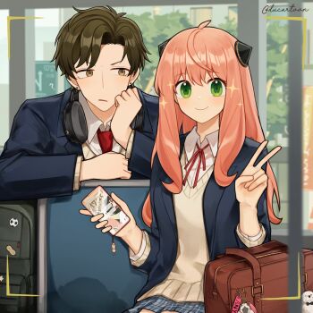 Rule 34 | 1boy, 1girl, absurdres, aged up, anya (spy x family), black hair, black jacket, blush, bond (spy x family), brown bag, cellphone, closed mouth, damian desmond, ducartoon, earrings, green eyes, hairpods, headphones, headphones around neck, highres, holding, holding phone, jacket, jewelry, long hair, long sleeves, looking at viewer, necktie, phone, pink hair, red necktie, school uniform, short hair, skirt, smartphone, smile, spy x family, sweater vest, twilight (spy x family), v, vest, yellow eyes, yor briar