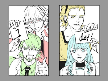 1girl 3boys aqua_eyes aqua_hair barnaby_brooks_jr. blonde_hair border closed_mouth collarbone collared_shirt commentary_request countdown_illustration earrings english_text eyelashes facial_hair fingernails fsz_tb glasses goatee green_eyes green_hair green_shirt grin highres holding holding_sign jacket jewelry kaburagi_t._kotetsu karina_lyle long_hair long_sleeves multiple_boys necktie open_clothes open_jacket partially_colored purple_border red_eyes ryan_goldsmith shirt short_hair sign smile thumbs_up tiger_&amp;_bunny yellow_eyes