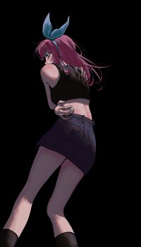 1girl absurdres aubrey_(faraway)_(omori) aubrey_(omori) black_background black_socks blue_eyes blue_hairband blue_skirt crop_top crying crying_with_eyes_open denim denim_skirt from_behind hairband highres kisany long_hair omori pink_hair self_hug simple_background skirt socks solo tears