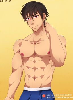 1boy abs aono_tsukune boxer_briefs boxers brown_hair catnappe143 collarbone hand_on_neck highres looking_at_viewer male_focus male_underwear muscular nipples pectorals red_eyes rosario+vampire topless_male smile underwear unusual_pupils