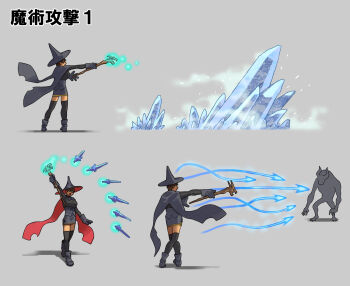 1girl black_boots black_cape black_gloves black_hat black_skirt black_sweater black_thighhighs boots breasts brown_hair cape commentary_request gloves hat highres holding holding_scepter ice kawabata_ryuuko_(narisokonai) large_breasts magic miniskirt monster narisokonai original scepter short_hair skirt sweater thighhighs two-sided_cape two-sided_fabric two-sided_headwear witch_hat zettai_ryouiki