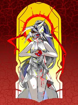 1girl apple black_hair bleeding blood blood_on_body blood_on_clothes bloody_wings border carmen_(project_moon) censored censored_identity covered_mouth cowboy_shot dress feathered_wings food fruit halo halo_behind_head high_ponytail highres holding holding_food holding_fruit lobotomy_corporation long_hair looking_at_viewer multiple_scars multiple_wings one_eye_covered ornate_border outstretched_arms ponytail presenting project_moon red_eyes scar scar_on_arm self-harm seraph sleeveless sleeveless_dress spiked_halo very_long_hair white_dress white_wings wings wrist_cutting zukichou