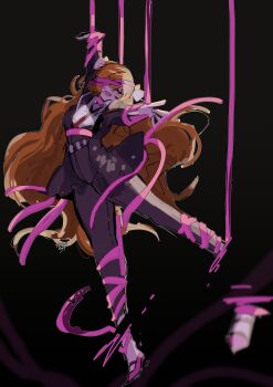 1girl :d absurdres arm_up ballet black_background black_jacket black_pants black_suit black_vest closed_eyes collared_shirt dancing diforisoup disembodied_foot e.g.o_(project_moon) formal_clothes hand_up highres ishmael_(project_moon) jacket lapels limbus_company long_hair necktie one_eye_covered open_mouth orange_hair pants pink_ribbon pink_shoes project_moon red_necktie ribbon roseate_desire_(e.g.o) shirt shoes smile solo strappy_heels suit very_long_hair vest white_shirt