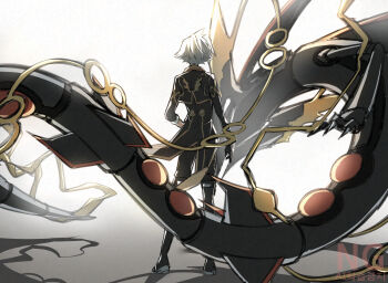 1boy alternate_color black_gloves black_jacket black_pants cloudsmoothie commentary from_behind full_body gen_3_pokemon gloves highres jacket legendary_pokemon mega_pokemon mega_rayquaza nintendo official_alternate_costume pants pokemon pokemon_(creature) pokemon_masters_ex rayquaza shiny_pokemon short_hair standing steven_stone steven_stone_(anniversary_2021) symbol-only_commentary