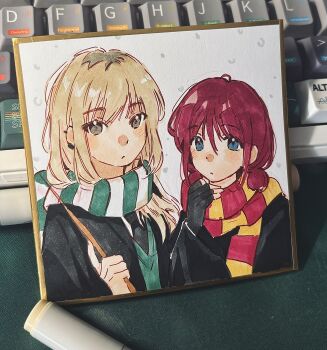 2girls black_gloves blue_eyes brown_hair censored closed_mouth commentary earclip earrings english_commentary fingerless_gloves girls_band_cry gloves green_scarf grey_eyes gryffindor highres hogwarts_school_uniform holding holding_wand iseri_nina jewelry kawaragi_momoka long_hair marker_(medium) mosaic_censoring multiple_girls purecyan red_scarf scarf school_uniform shikishi short_hair short_twintails sidelocks slytherin traditional_media twintails wand wizarding_world