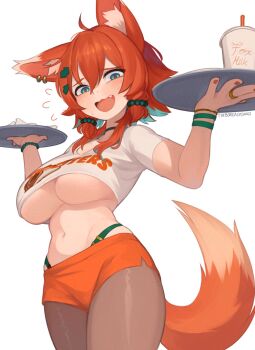 1girl adversarial_noise ahoge alternate_costume animal_ear_fluff animal_ears beads blush breasts brown_pantyhose choker cup employee_uniform fang hair_ornament highres holding hooters jewelry large_breasts leaf_hair_ornament looking_at_viewer mozumi_pichi navel open_mouth orange_hair orange_shorts pantyhose short_shorts shorts solo symbol-shaped_pupils tail v-dere virtual_youtuber waitress wolf_ears wolf_girl wolf_tail yoako