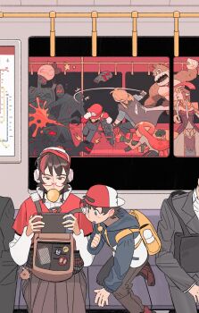 2girls 6+boys backpack bag black_hair blonde_hair blue_overalls child dingnin98201637 donkey_kong donkey_kong_(series) glasses gun hat highres holding holding_gun holding_weapon inkling_girl inkling_player_character link mario mario_(series) monkey monster multiple_boys multiple_girls necktie nintendo nintendo_switch overalls playing ponytail princess_zelda red_hat red_necktie sitting splatoon_(series) super_smash_bros. the_legend_of_zelda train_interior weapon