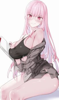 1girl absurdres alternate_costume bare_legs bare_shoulders between_legs black_nails black_panties black_sports_bra blunt_bangs breasts clipboard glasses grey_shirt hand_between_legs highres holding holding_clipboard hololive hololive_english kamiya_maneki large_breasts light_blush long_hair looking_at_viewer mori_calliope off_shoulder paid_reward_available panties pink_eyes pink_hair rectangular_eyewear shirt signature simple_background sitting skindentation smile solo sports_bra underwear virtual_youtuber white-framed_eyewear white_background