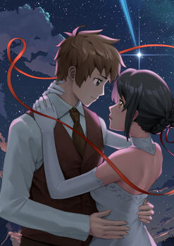 Rule 34 | 1boy, 1girl, absurdres, black hair, brown hair, dress, formal clothes, from side, hand on another's neck, hand on another's waist, highres, kimi no na wa., light smile, miyamizu mitsuha, nizz, original, suit, tachibana taki, white dress