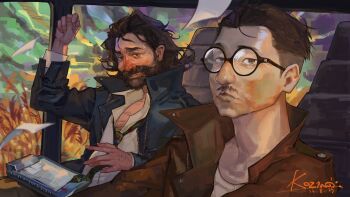 2boys absurdres beard black_hair blue_jacket blush bomber_jacket buzz_cut car_interior chest_hair disco_elysium facial_hair field flying_paper glasses grin hair_slicked_back hand_up harry_du_bois hashtag-only_commentary highres jacket kim_kitsuragi kozmoraven1610 looking_at_viewer male_focus multiple_boys mustache necktie paper partially_open_shirt popped_collar shirt short_hair sideburns smile upper_body very_short_hair white_shirt
