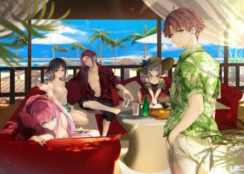 2boys 3girls anklet ayanokouji_kiyotaka barefoot black_camisole black_hair black_shorts blue_bow blue_eyes blue_sky bottle bow bracelet breasts brown_eyes brown_hair camisole collared_shirt commentary_request couch cup drinking_glass floral_print floral_print_skirt glass green_shirt hachigou hair_between_eyes hair_bow hands_in_pockets hat hawaiian_shirt highres holding holding_cup holding_pillow horikita_suzune ichinose_honami_(youjitsu) jewelry large_breasts long_hair looking_at_viewer lying medium_breasts medium_hair multiple_boys multiple_girls off-shoulder_jacket off_shoulder on_couch on_stomach outdoors palm_tree pants parasol pillow pink_hair ponytail print_skirt purple_ribbon red_bow red_eyes red_hair red_pillow red_shirt ribbon ryuuen_kakeru sakayanagi_arisu shirt short_hair short_ponytail shorts skirt sky small_breasts straw_hat tree umbrella unbuttoned unbuttoned_shirt very_long_hair white_camisole white_hair white_pants youkoso_jitsuryoku_shijou_shugi_no_kyoushitsu_e